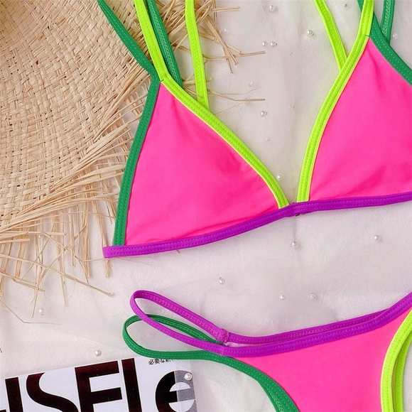 New Sexy Hot Pink Contrast Bralette Bikini Set - Picture 4 of 4